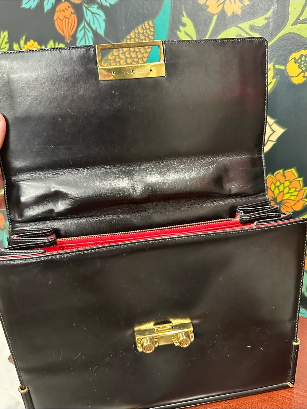 Vintage 1960s Black Structured Top Handle Bag with Red Interior - Picture 9 of 12